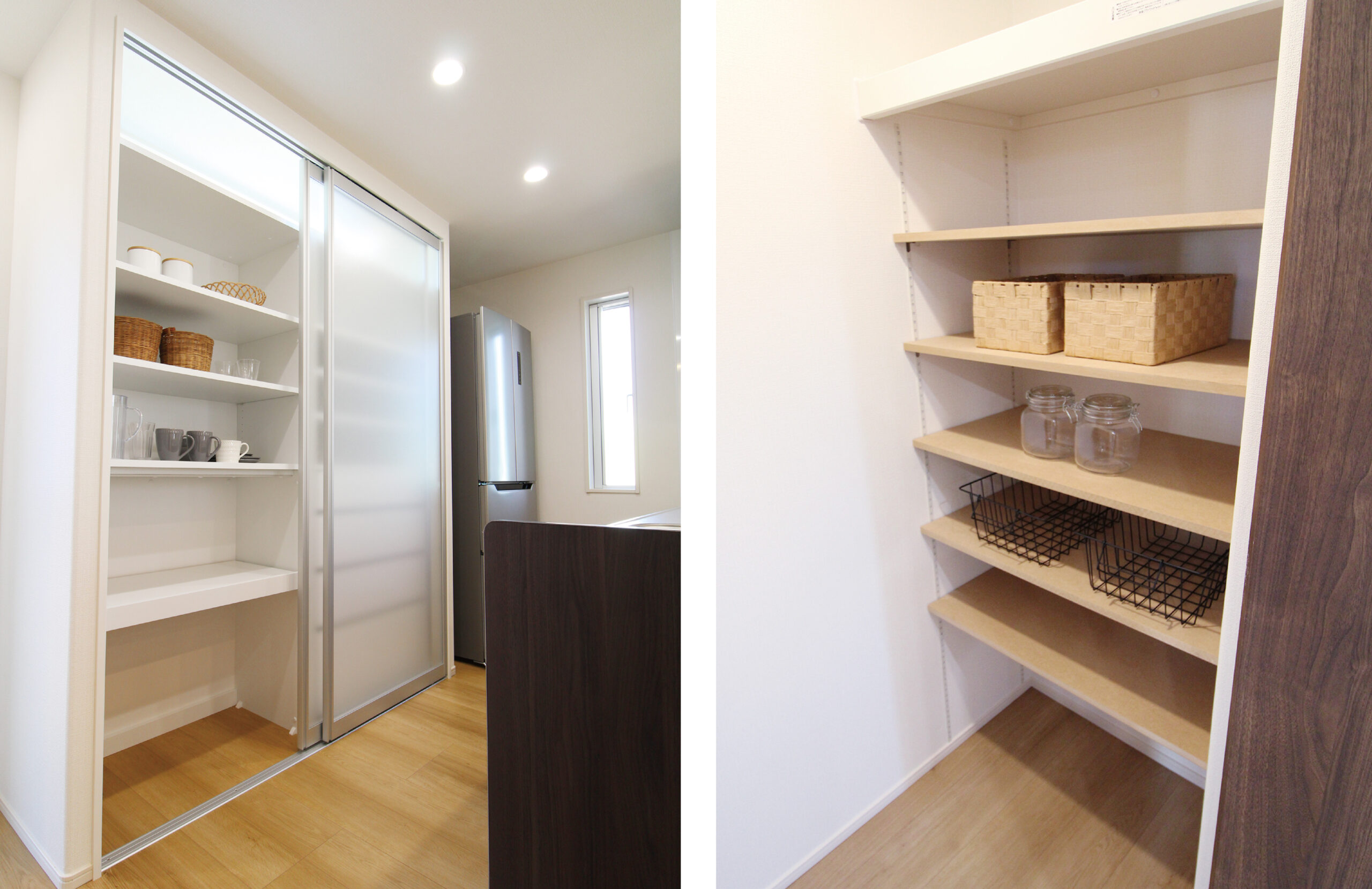 キッチンとのデザインの一体感が目を引く『キッチンキャビネット収納』 横には大容量の『パントリー』も備えています。